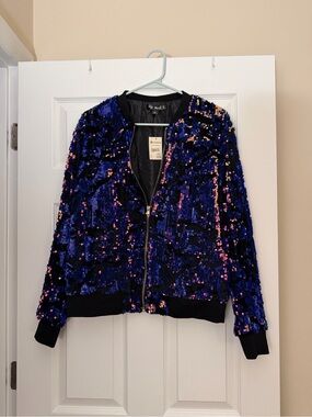 Say What? Blue and Black Sequin Bomber Jacket